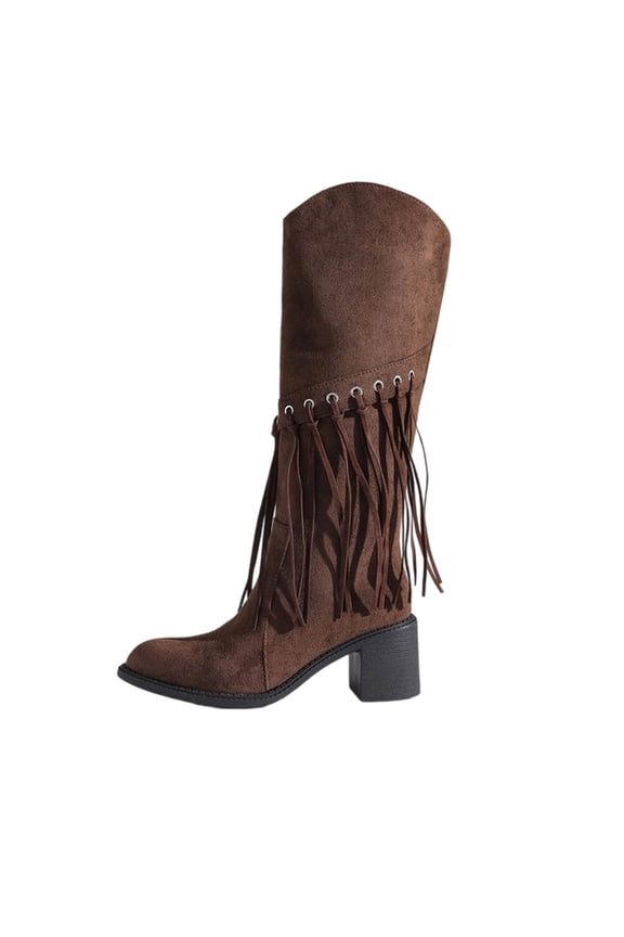 E-790 Brown Womens Stylish Winter Boots Tassel Suede Pointed Toe Chunky Heel Mid Heel High Tube Warm