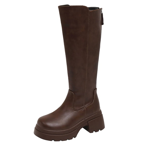 E-856 Brown Round Toe Knee High Boots For Women On Thick Sole Comfortable Long Boots