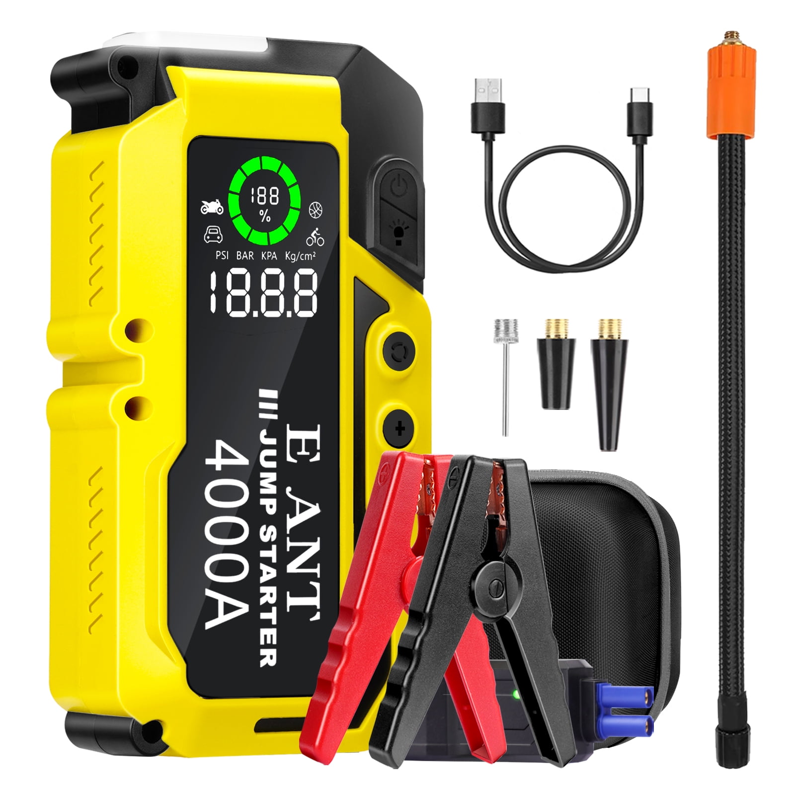 Car Jump Starter with Air Compressor 10L Gas 8L Diesel 4000A Peak 12v Auto Battery Jump Pack Power Bank USB QC3.0 Outputs Portable Battery Booster Pack Jumper Box Tire inflator 150PSI Yellow Walmart.c...