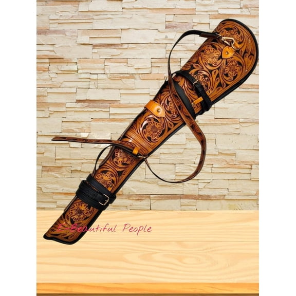 E-BEAUTIFUL PEOPLE Full Grain Leather Rifle Scabbard, Hand Tooled Floral Western Saddle Gun Case with Adjustable Strap, Brown Black Size:- 38 - 40 Inch