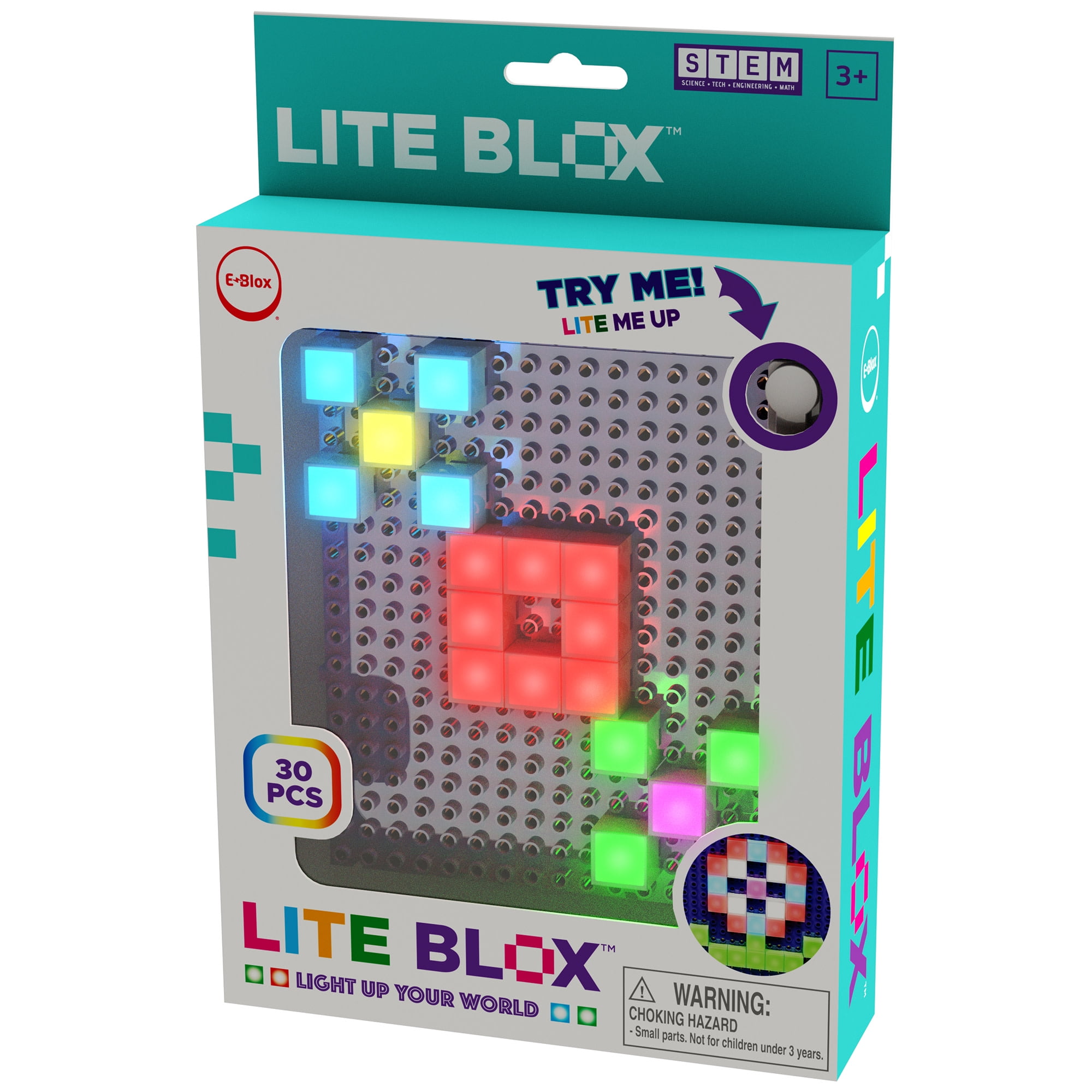 E-Blox: Lite Blox: BYO Light Mosaics - 30pcs, Colorful LED Toy, Create Images On The Power Board, Build Your Own Glowing Light Pictures, Kids Ages 3+