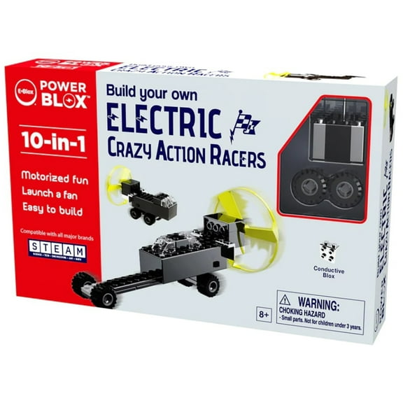 E-Blox: Power Blox: 10-In-1 Electric Crazy Action Racers - 24pcs, Build 10 Models, Motorized Fun, Conductive Blox No Wires Needed, Toy Kids Ages 8+