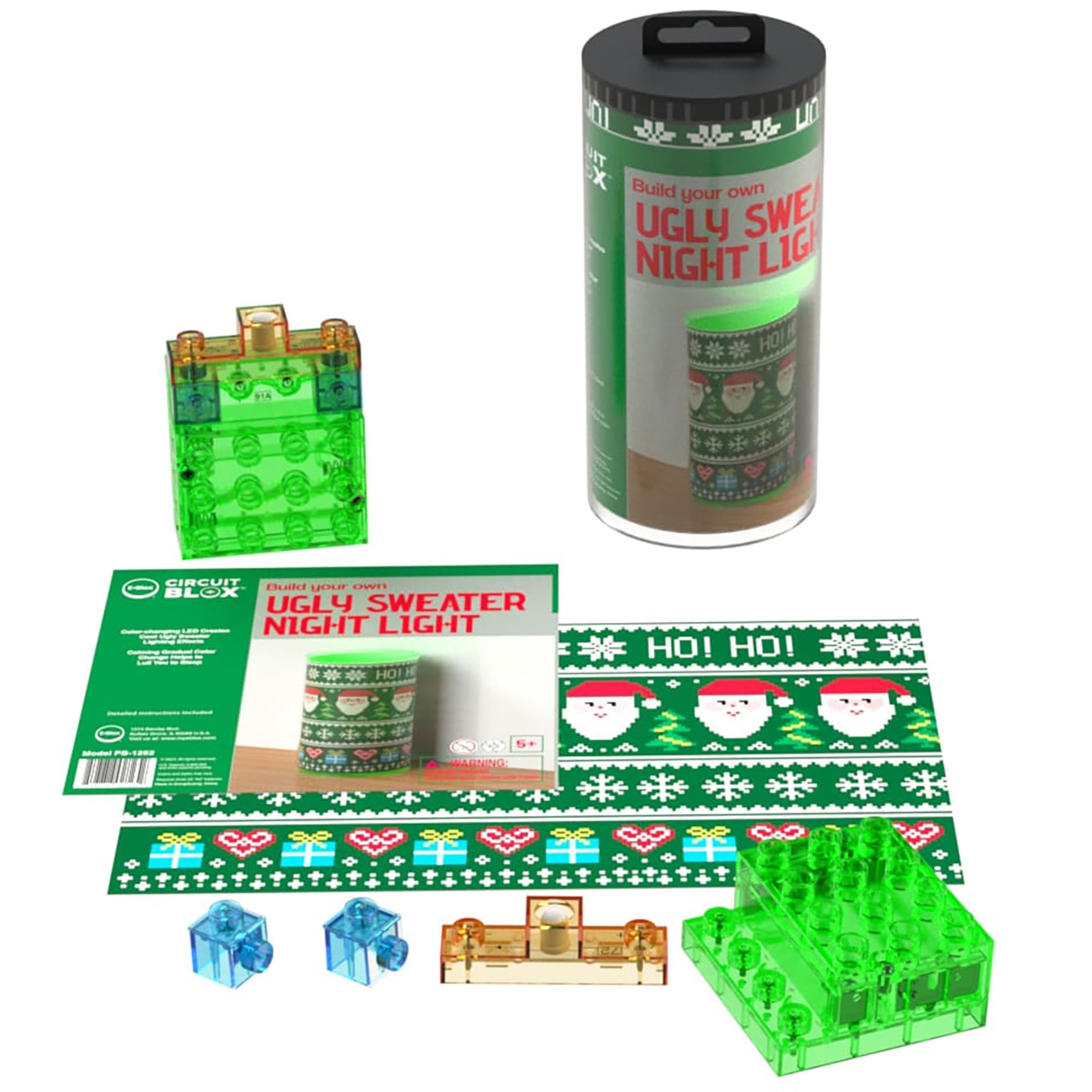 E-Blox: Power Blox BYO: Holiday Night Light - Ugly Sweater 1 - Glowing Color Changing LED Block, Image Projection Slip, DIY Craft Kit, Kids Ages 5+