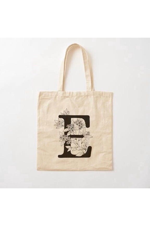 E Botanical Monogram Canvas Tote Bags, Reusable Shopping Bag
