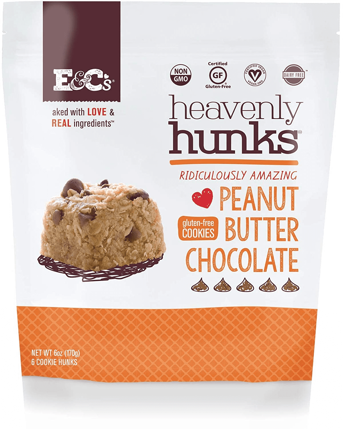 E&C's Snacks Heavenly Hunks Cookies Peanut Butter Chocolate Gluten Free, 6oz (Pack of 6)