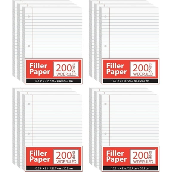 E-CLIPS USA 10.5” x 8” Filler Paper 200-Sheet Wide Ruled Notebook Paper, 12-Pack