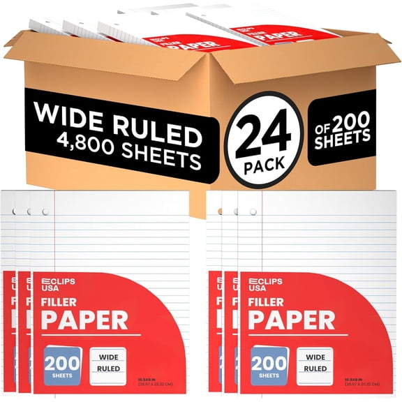 E-CLIPS USA 10.5” x 8” Filler Paper 200-Sheet Wide Ruled Notebook Paper, 24-Pack
