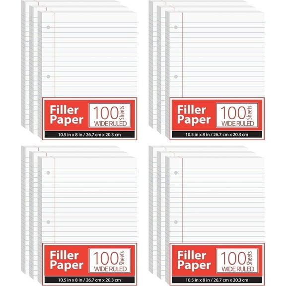 E-CLIPS USA 100 Sheet Wide Ruled Notebook Paper Loose Leaf Filler 3-Ring Binder Paper, 12-Pack