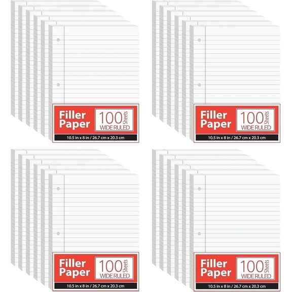E-CLIPS USA 100 Sheet Wide Ruled Notebook Paper Loose Leaf Filler 3-Ring Binder Paper, 24-Pack