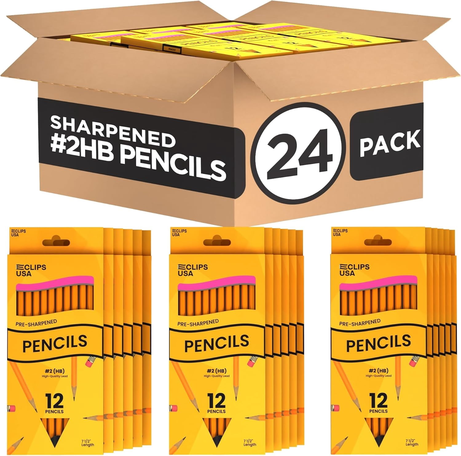 E-CLIPS USA #2 Pencils, HB Graphite Woodcased Pre Sharpened Pencils, 24 Boxes