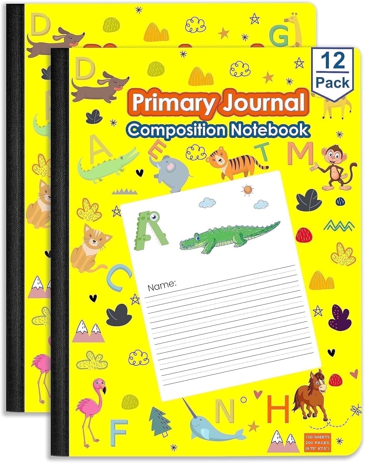 E-CLIPS USA 200-Page Composition Notebook, Animal-Themed Journal, Yellow, 12-Pack