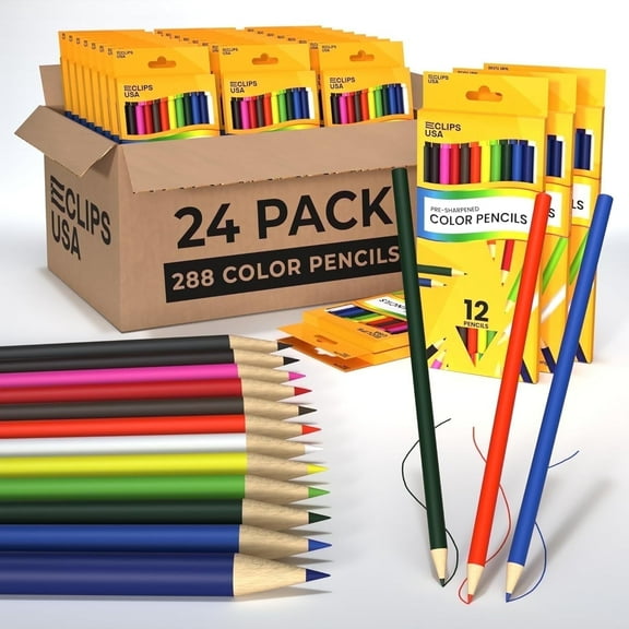 E-Clips USA Pre-Sharpened Colored Pencils, Bulk Color Pencil Set, 12-pc 24-pack