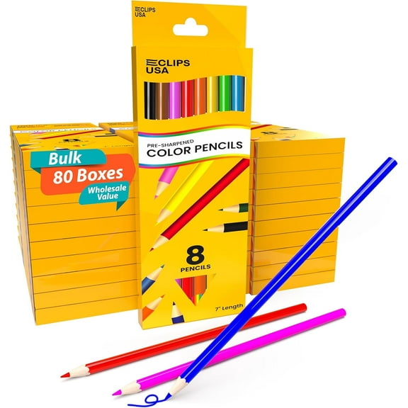 E-Clips USA Pre-Sharpened Colored Pencils, Bulk Color Pencil Set, 8-pc 80-pack