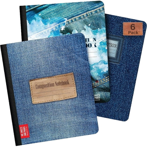 E-Clips USA Composition Notebook, Denim Jeans Design Wide Ruled Notebook, 6-Pack