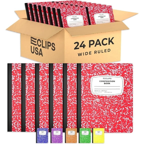 E-Clips USA 100-Sheet Wide-Ruled Hard Cover Composition Notebooks, Red, 24-Pack Bulk