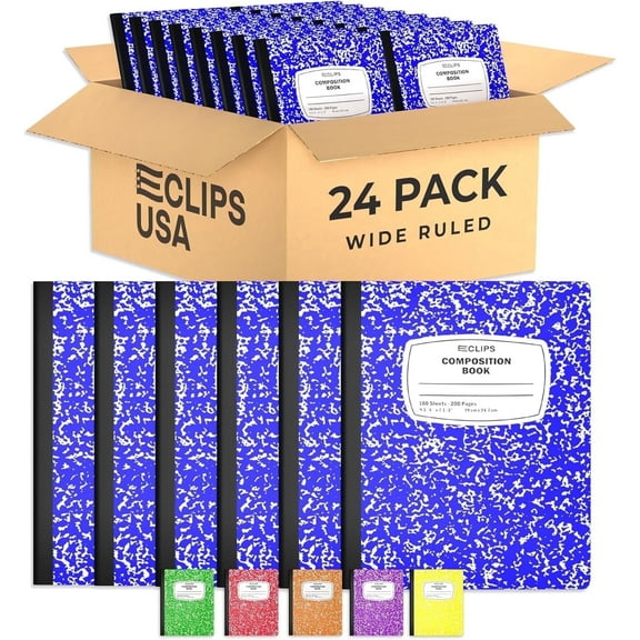 E-Clips USA 100-Sheet Wide-Ruled Hard Cover Composition Notebooks, Blue, 24-Pack Bulk