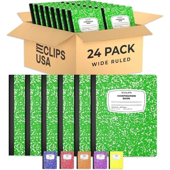 E-Clips USA 100-Sheet Wide-Ruled Hard Cover Composition Notebooks, Green, 24-Pack Bulk