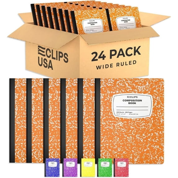 E-Clips USA 100-Sheet Wide-Ruled Hard Cover Composition Notebooks, Orange, 24-Pack Bulk