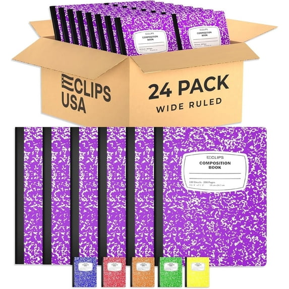 E-Clips USA 100-Sheet Wide-Ruled Hard Cover Composition Notebooks, Purple, 24-Pack Bulk