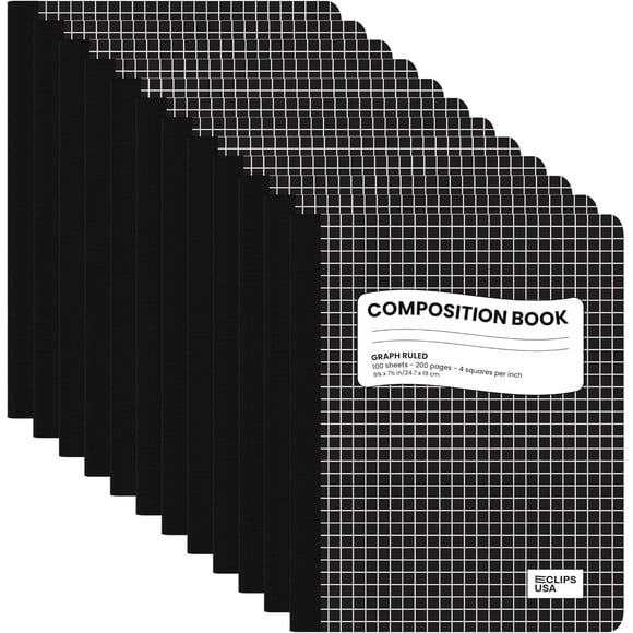 E-Clips USA 100-Sheet Quad-Ruled Hard Cover Graph Paper Composition Notebooks, Marble, 12-Pack Bulk
