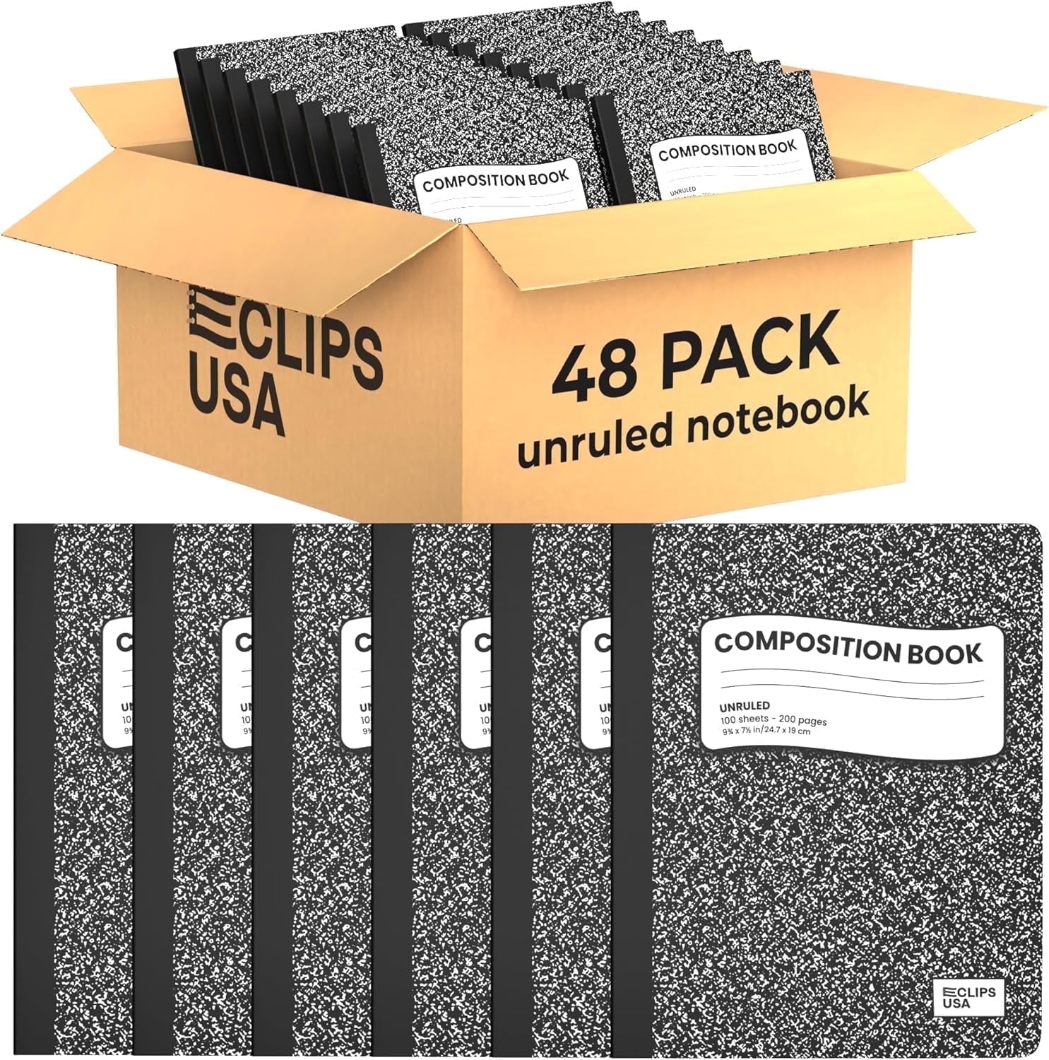 E-Clips USA 100-Sheet Unruled Hard Cover Composition Notebooks, Marble, 48-Pack Bulk