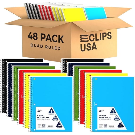 E-Clips USA 70-Sheet Graph Paper Notebook Quad Ruled Spiral Notebook, 8” x 10.5”, 48-Pack