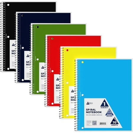 E-Clips USA 70-Sheet Graph Paper Notebook Quad Ruled Spiral Notebook, 8” x 10.5”, 6-Pack