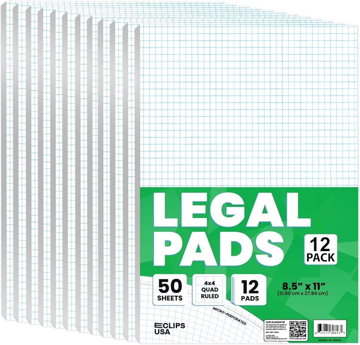 E-Clips USA 50-Sheet Quad-Ruled Legal Graph Paper Notebook with Glued Top Binding, 12-Pack