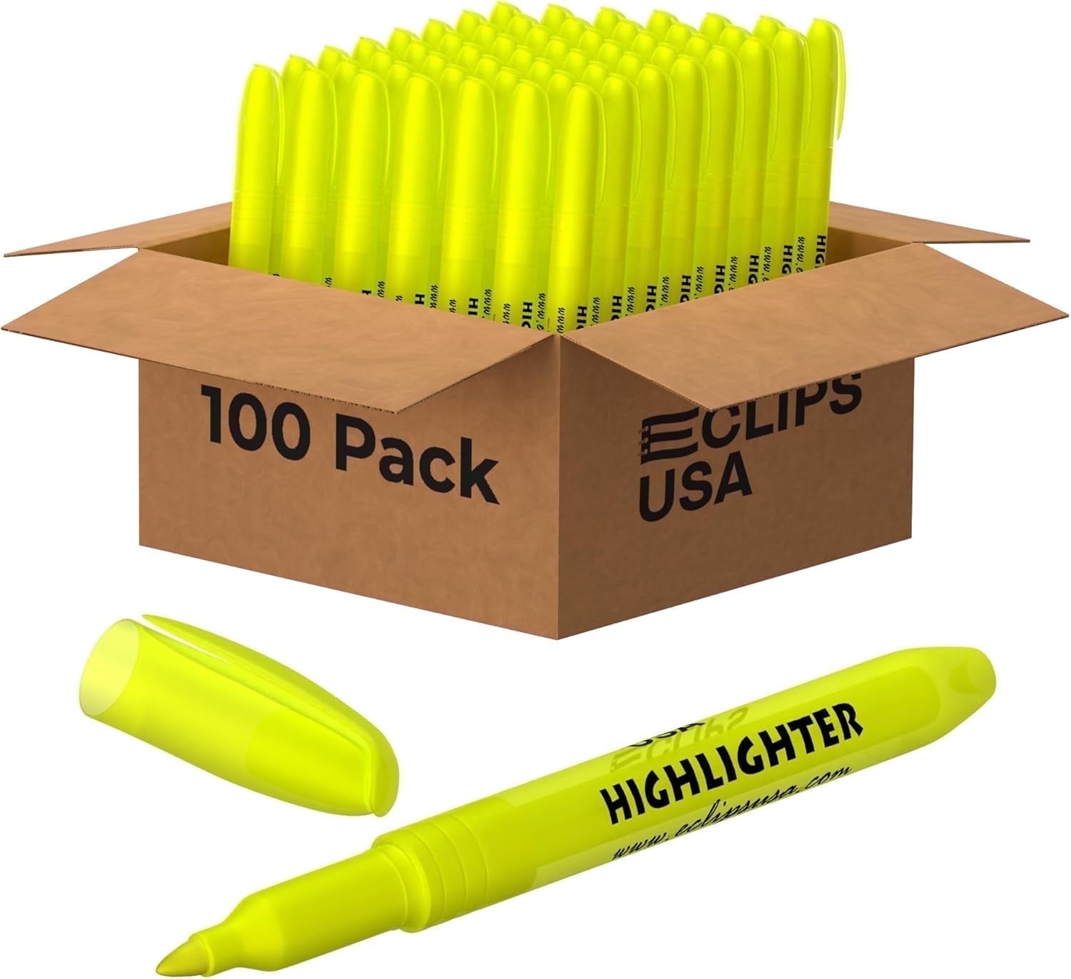 E-Clips USA Fine Tip Highlighter Pens, Slim Design Markers for Studying and Office Use, Fluorescent Yellow, 100-Pack