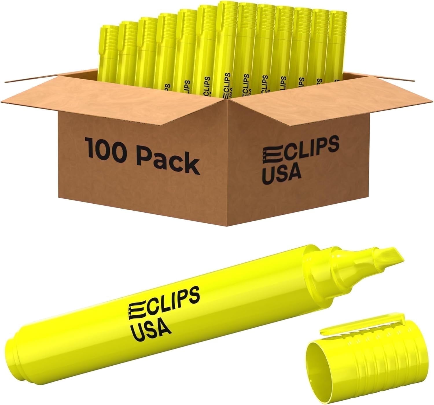E-Clips USA Highlighter Set, Chisel Tip Highlighter Pens for Studying and Office Use, Yellow, 100-Pack