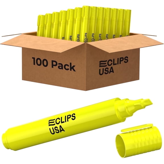 E-Clips USA Highlighter Set, Chisel Tip Highlighter Pens for Studying and Office Use, Yellow, 100-Pack