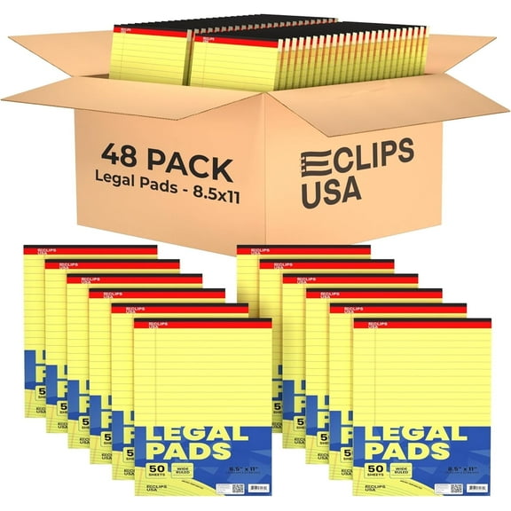 E-Clips USA 50-Sheet Legal Wide Ruled Paper Notepads with Chipboard Back, Canary Yellow, 48-Pack
