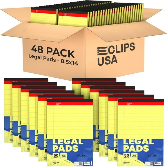 E-Clips USA 50-Sheet Legal Wide Ruled Paper Notepads with Chipboard Back, Canary Yellow, 48-Pack