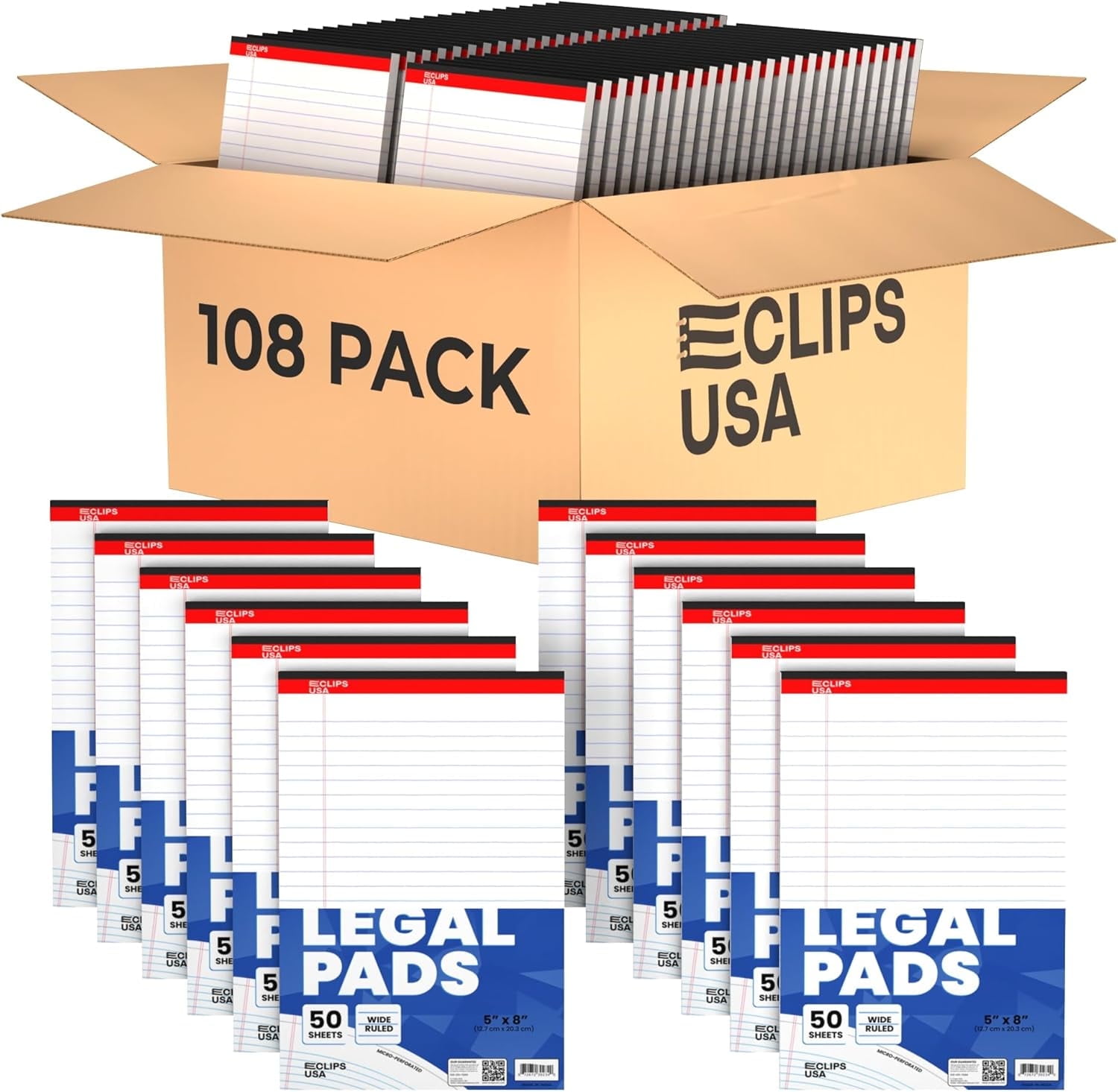 E-Clips USA 50-Sheet Legal Wide Ruled Paper Notepads with Chipboard Back, White, 108-Pack