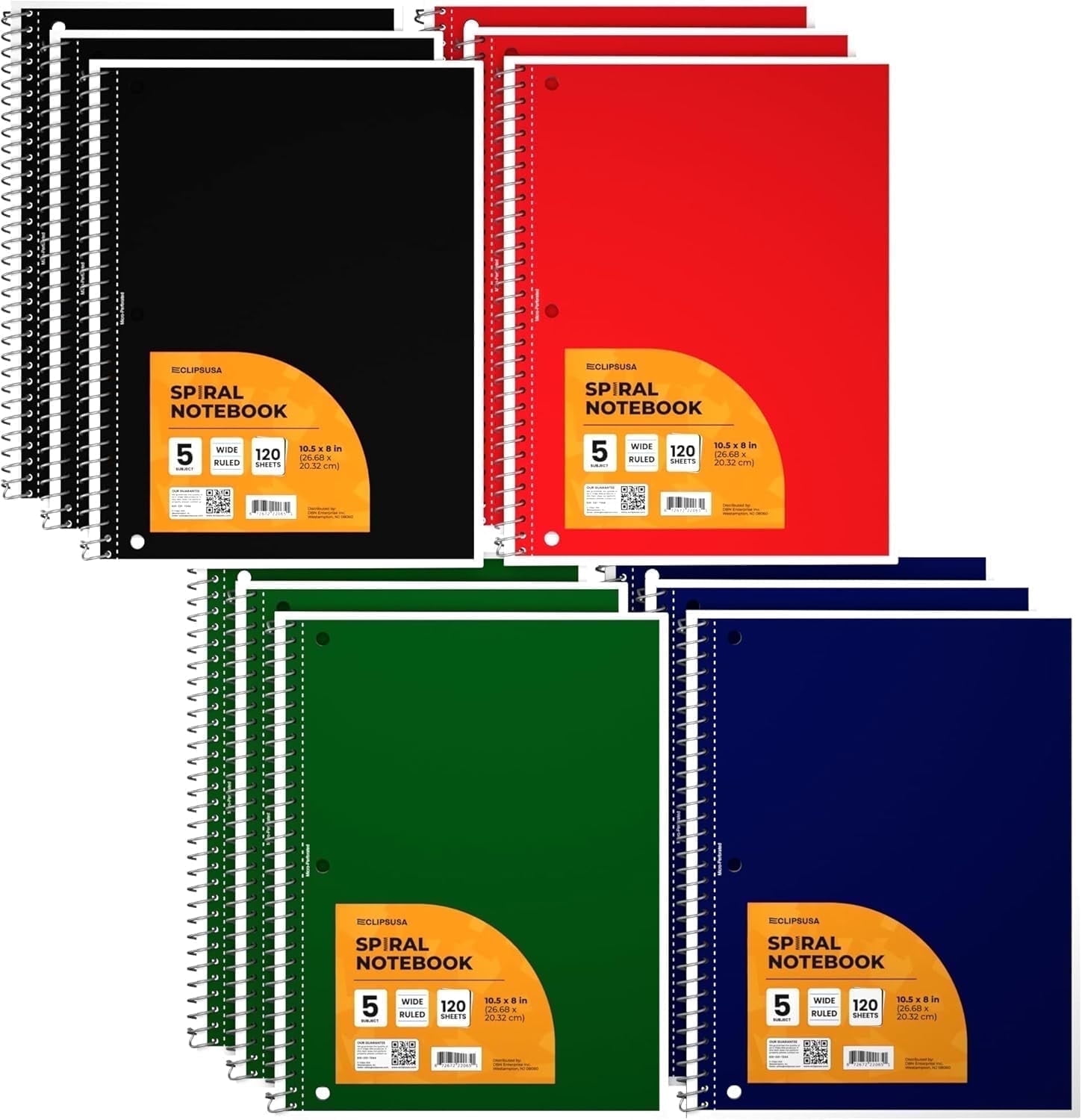 E-Clips USA 150-Sheet 5-Subject Wide Ruled Spiral Notebook with 2 Pocket Divider, 8.5” x 11”, 12-Pack
