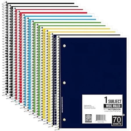 E-CLIPS USA Wide Ruled Single Subject Spiral Notebook, 50 GSM, 70 Sheets, 12 Pack