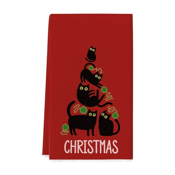 E Christmas Cat Kitchen Towel, Bohemian Black Cat Design, Hand Drying