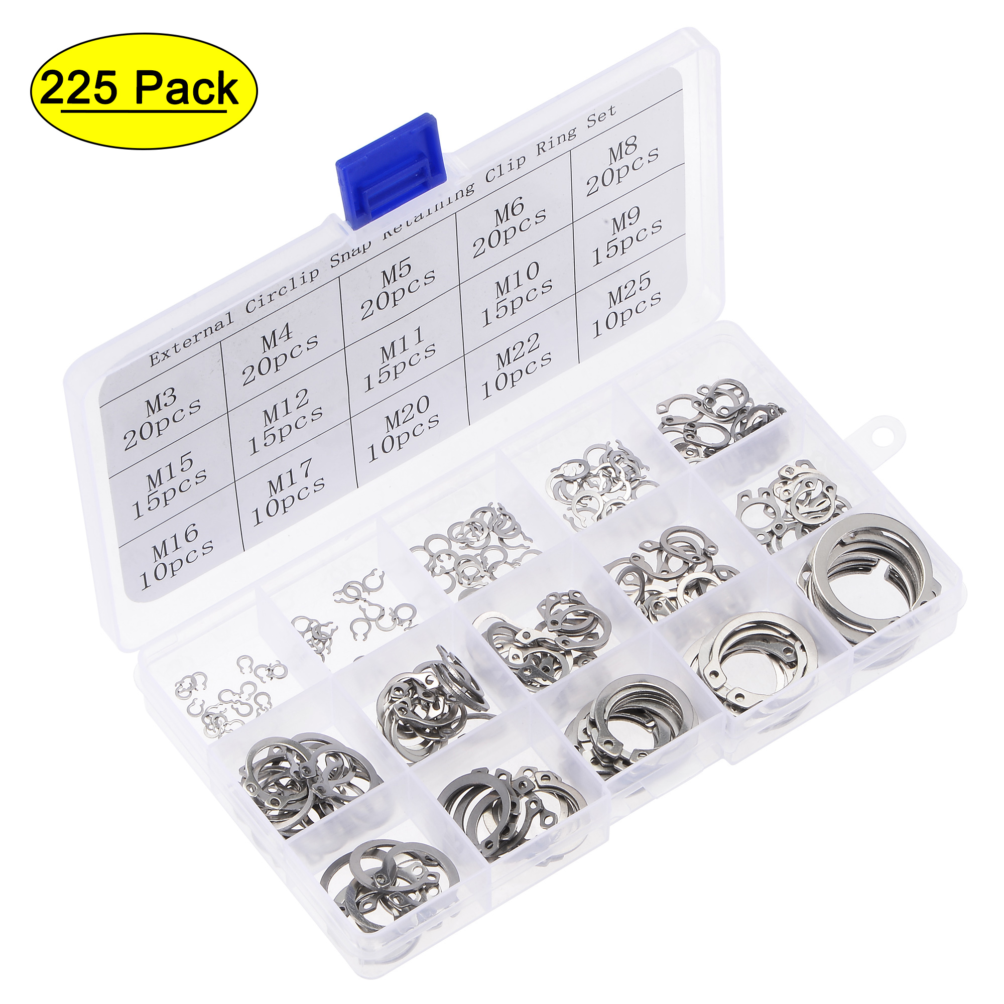 Stainless Snap Rings E-Clip Circlip - 225Pcs 15-Size External Retaining Snap Ring 304 ...