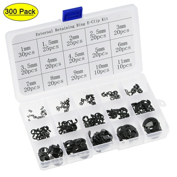 E-Clip Circlip 300 Pcs 15-Size External Retaining Shaft Snap Ring Washer Carbon Steel Assortment Kit