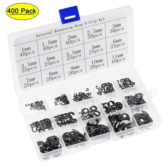 E-Clip Circlip 400 Pcs 1/1.5/2/2.5/3/3.5/4/ 4.5/5/6/7/8/9/10/11mm External Retaining Shaft Snap Ring Assortment Set