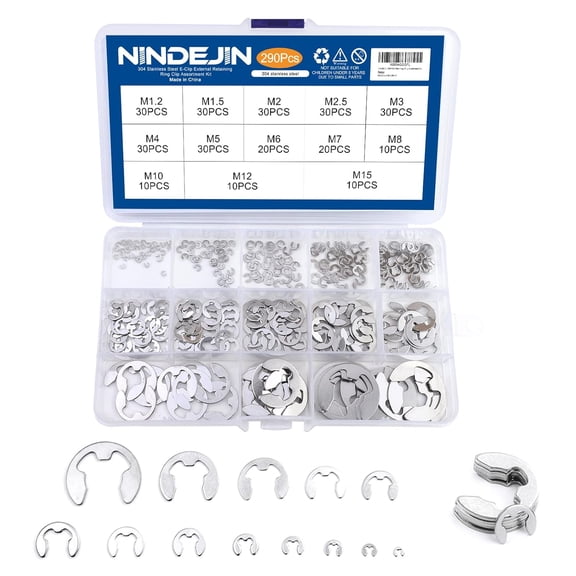 E-Clip Retaining Rings Assortment Set, 304 Stainless Steel External Snap Ring Clip Kit, 1.2-15mm(13Sizes)E Circlip Retainer Rings for ProjectsCar Engines, Locking Mechanisms and Other Shafts