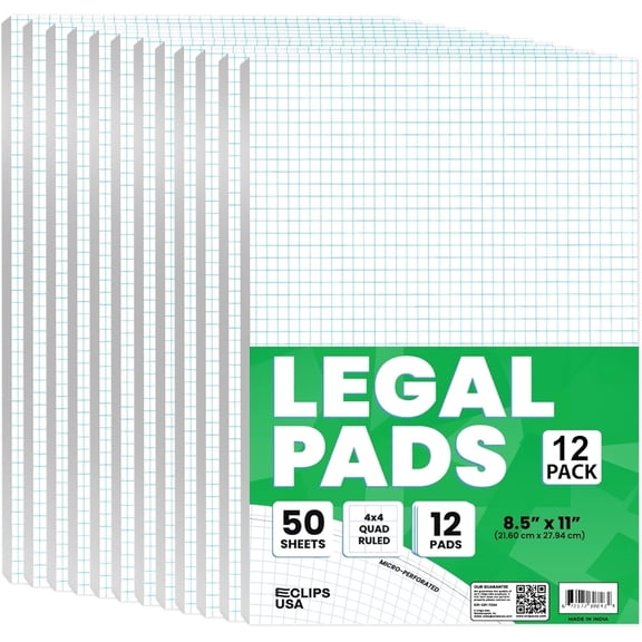 E-Clips USA 50-Sheet Quad-Ruled Legal Graph Paper Notebook with Glued Top Binding, 12-Pack