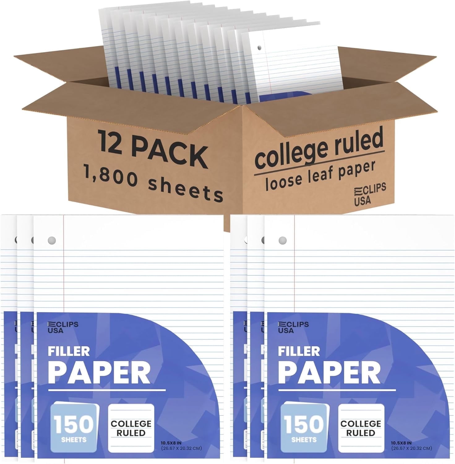 E-Clips USA College Ruled Notebook Paper, 1800 Loose Leaf Paper Sheets ...