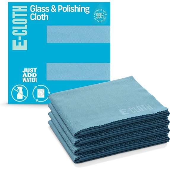E-Cloth 4-Pack Glass & Polishing Cloth, Sustainable Microfiber Cleaning Cloth Set, Perfect Cleaner for Glass, Windows and Mirrors, Washable and Reusable, 100 Wash Promise, Alaskan Blue