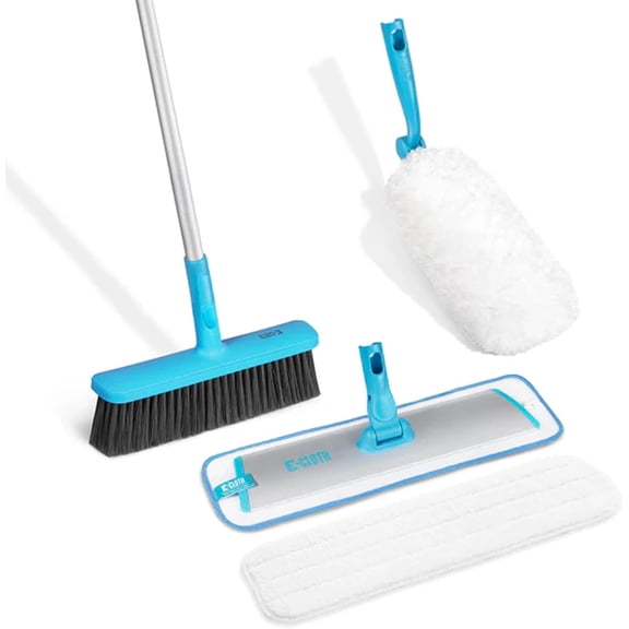 E-Cloth Easy-Click Home Cleaning Supplies Set - Dust Broom & Flat Mop Kit for Floor Cleaning, Wall, Ceiling, & Floor Duster, Adjustable Handle, Interchangeable Heads, Washable Pads, No Refills Needed