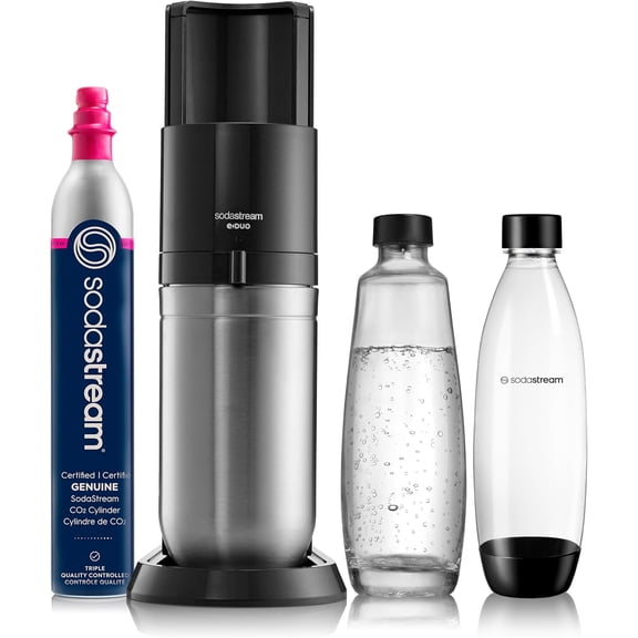 E-Duo Sparkling Water Maker (Black) with 60L CO2, 1 BPA- Free Carbonating Bottle and (1)1L Glass Bottle