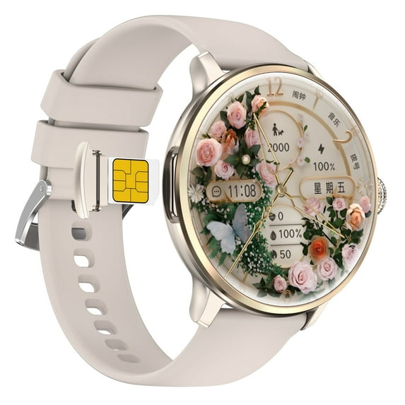 E EYAFA Android&Bluetooth Dual Mode Smart Watch with SIM Card Slot for Women and Men 1.65inch AMOLED Round Screen 3GB RAM+32GB ROM-Gold