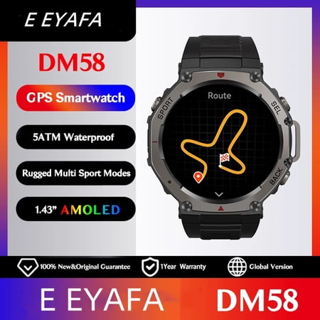 E EYAFA DM58 GPS Smart Watch 1.43 Inch AMOLED Display 5ATM Waterproof Smartwatch (Black)