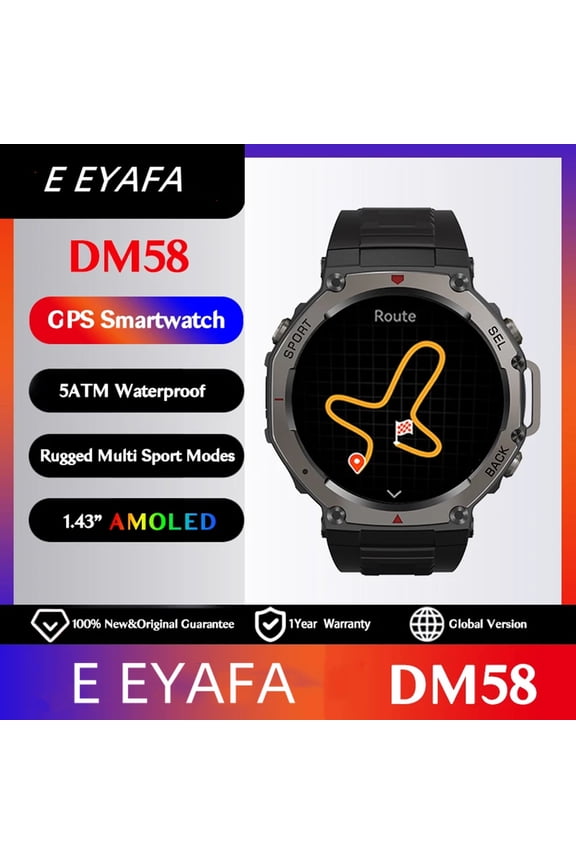 DM58 GPS Smart Watch 1.43 Inch AMOLED Display 5ATM Waterproof Smartwatch (Black)
