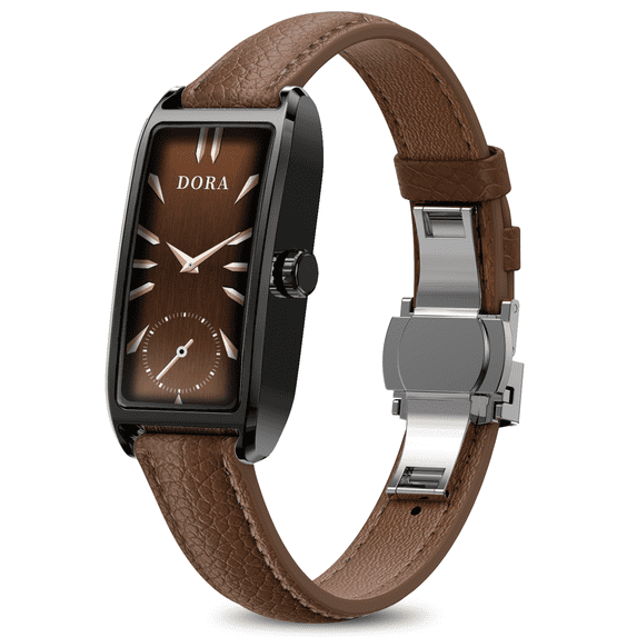E EYAFA Women's Smart Watch, 1.13" AMOLED Touch Screen, IP68 Waterproof, Compatible with iOS & Android-Black with Brown Leather Strap